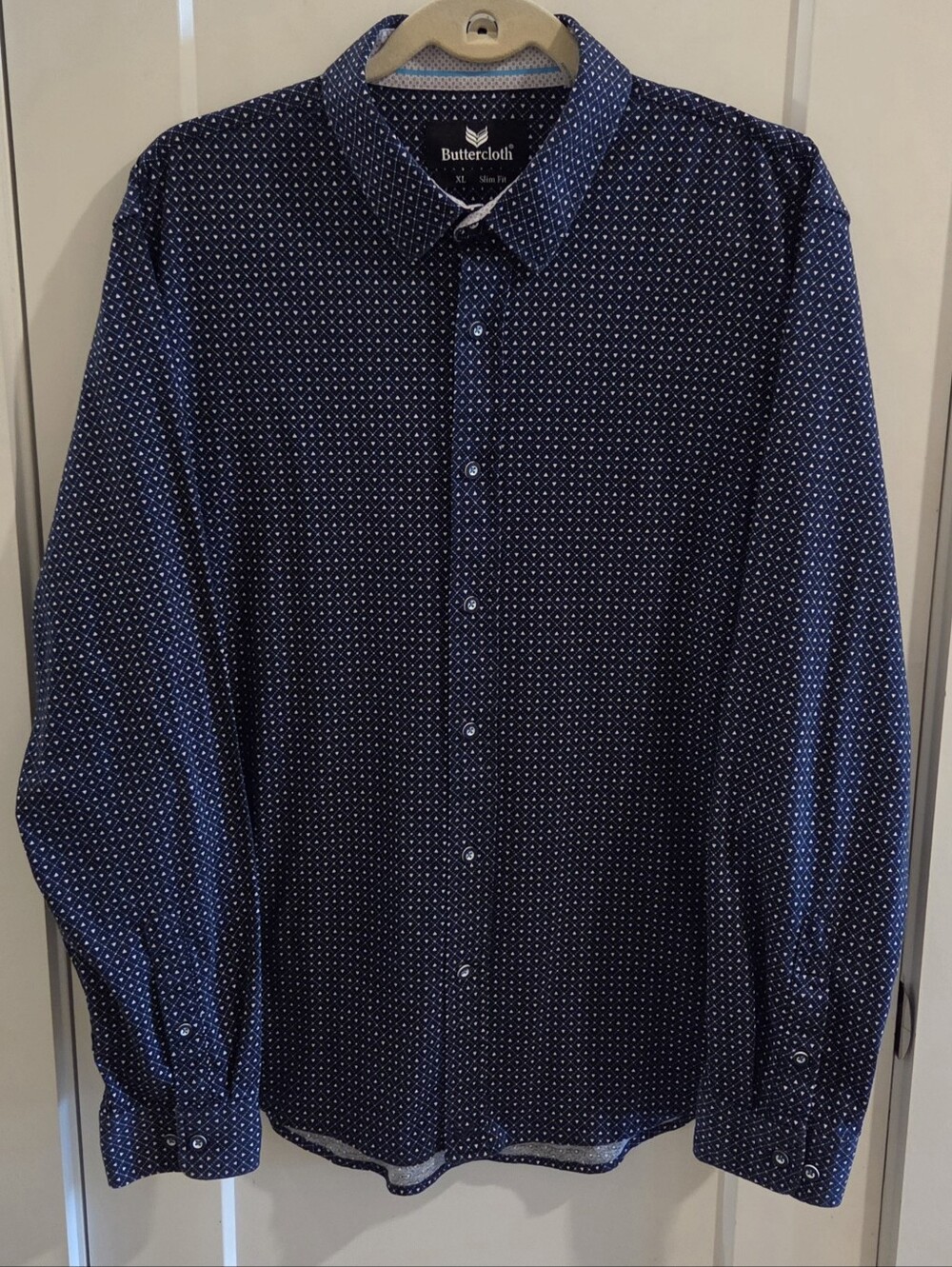 Buttercloth Long-Sleeve Button-Up Shirt - Navy Geo-Print - Size XL Slim-Fit